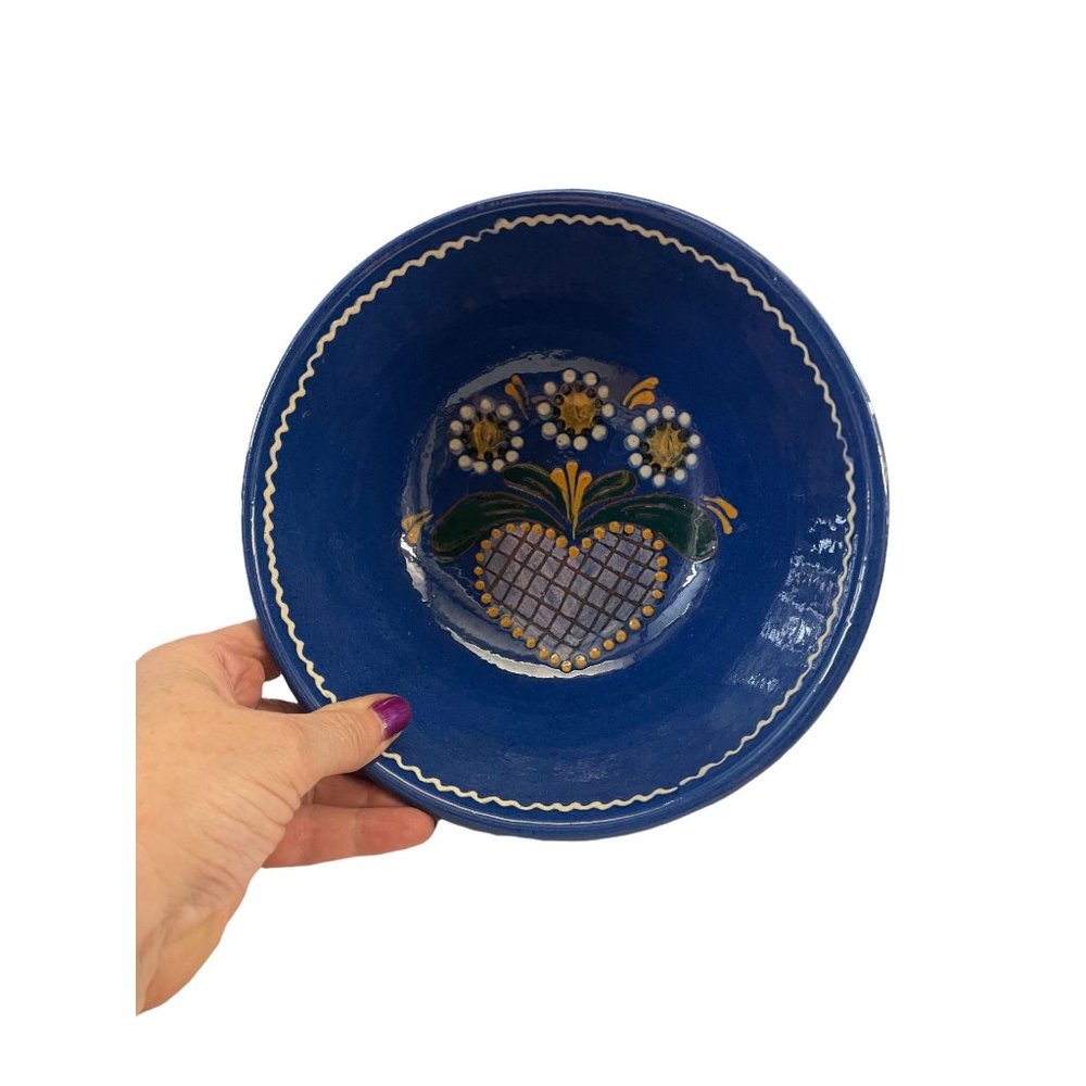Mexican Pottery Blue Bowl Hand painted Hearts and Flowers